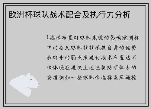 欧洲杯球队战术配合及执行力分析