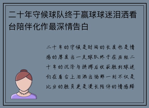 二十年守候球队终于赢球球迷泪洒看台陪伴化作最深情告白