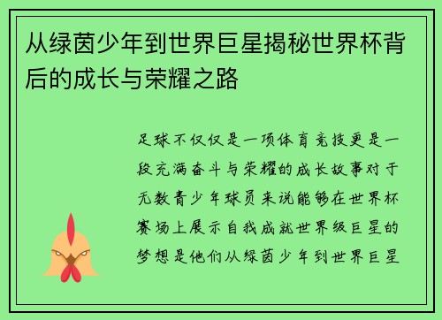 从绿茵少年到世界巨星揭秘世界杯背后的成长与荣耀之路 从绿茵少年到世界巨星揭秘世界杯背后的成长与荣耀之路